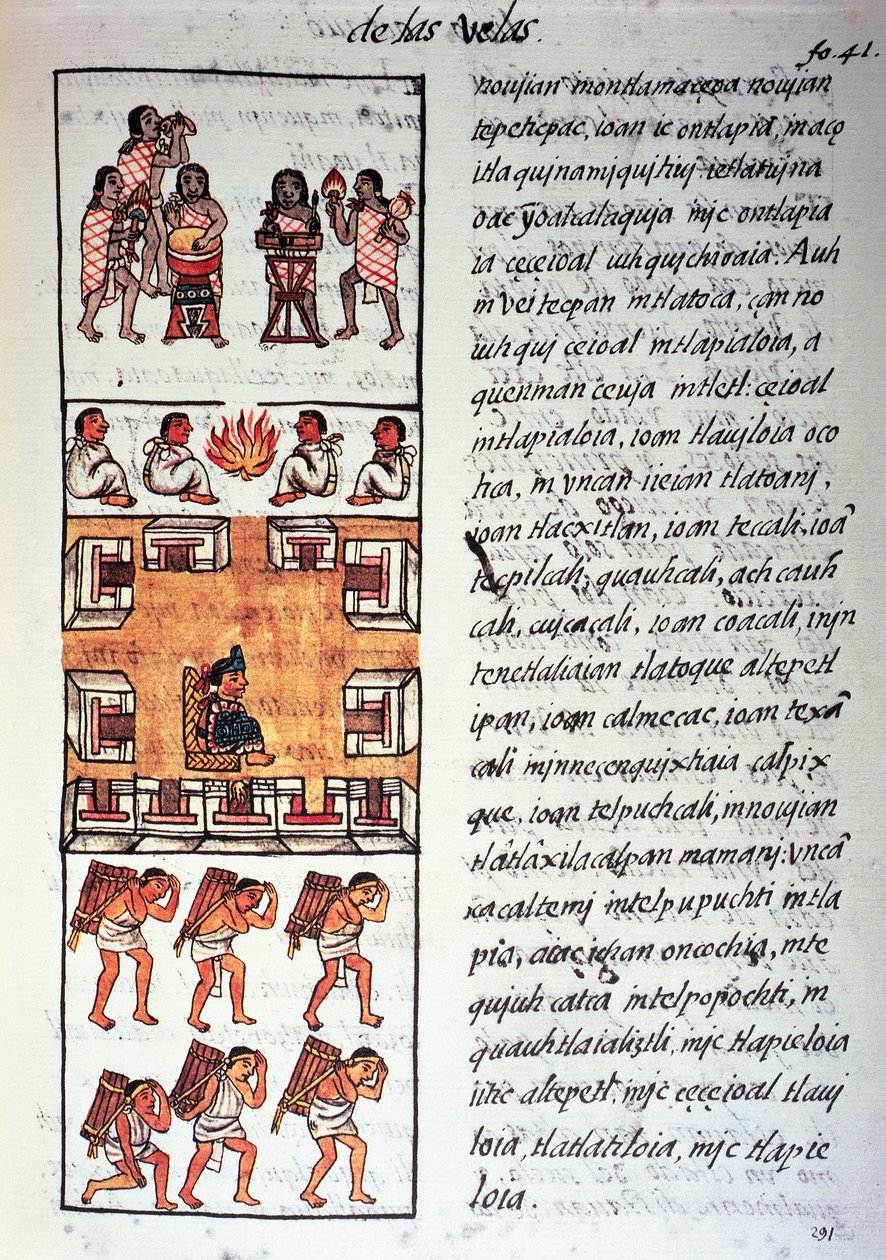 Società azteca, musicisti, re e mercanti, testo in nahuatl, da facsimile del manoscritto Storia generale delle cose della Nuova Spagna, noto anche come Codice Fiorentino, di Bernardino de Sahagun da Fra Bernadino da Sahagun