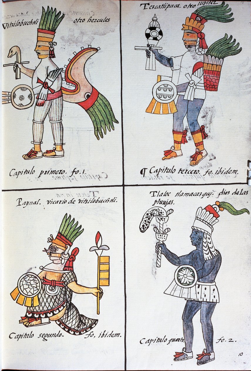 Dei degli antichi messicani, Huitzilopochtli, Tezcatlipoca, Tlaloc e Paynal, testo in spagnolo, da facsimile del manoscritto Storia generale delle cose della Nuova Spagna, noto anche come Codice Fiorentino, di Bernardino de Sahagun da Fra Bernadino da Sahagun