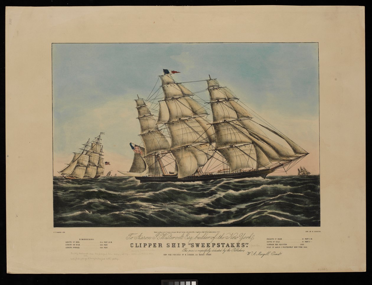 A Aaron J Westervelt Esq. costruttore della nave clipper di New York Sweepstakes questa stampa è rispettosamente dedicata dagli editori... da Frances Flora Bond (c.1812 76) (after) Palmer