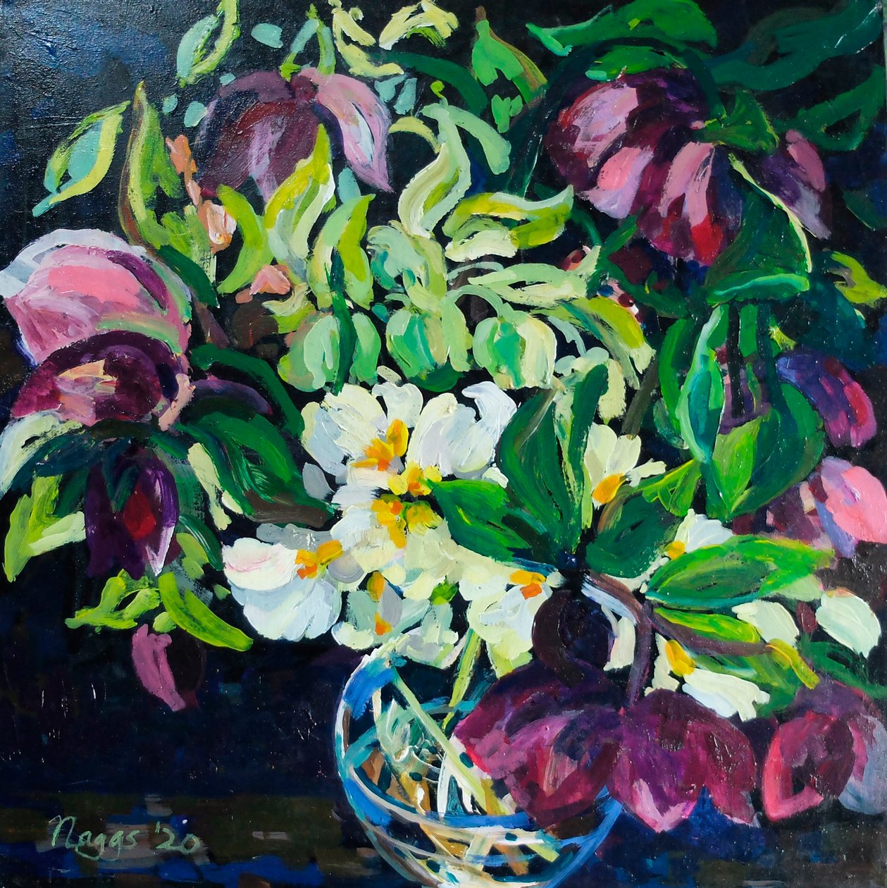 Helibore and Primroses on a Dark Ground, 2020 (acrilico su tela) da Frances Naggs