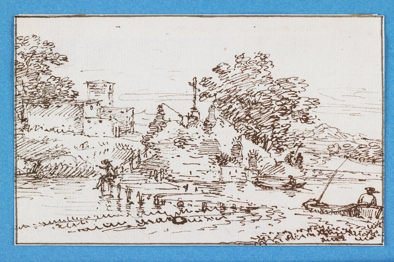 Paesaggio con figure che pescano, metà del XVII secolo da Francesco Allegrini