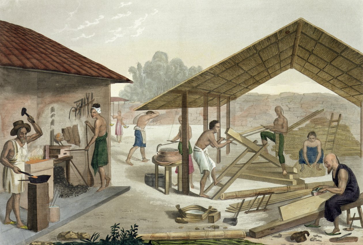 Officina di carpenteria a Kupang, Timor, tavola 6 da Le Costume Ancien et Modern di Jules Ferrario, pubblicato c.1820-30 da Francesco Citterio