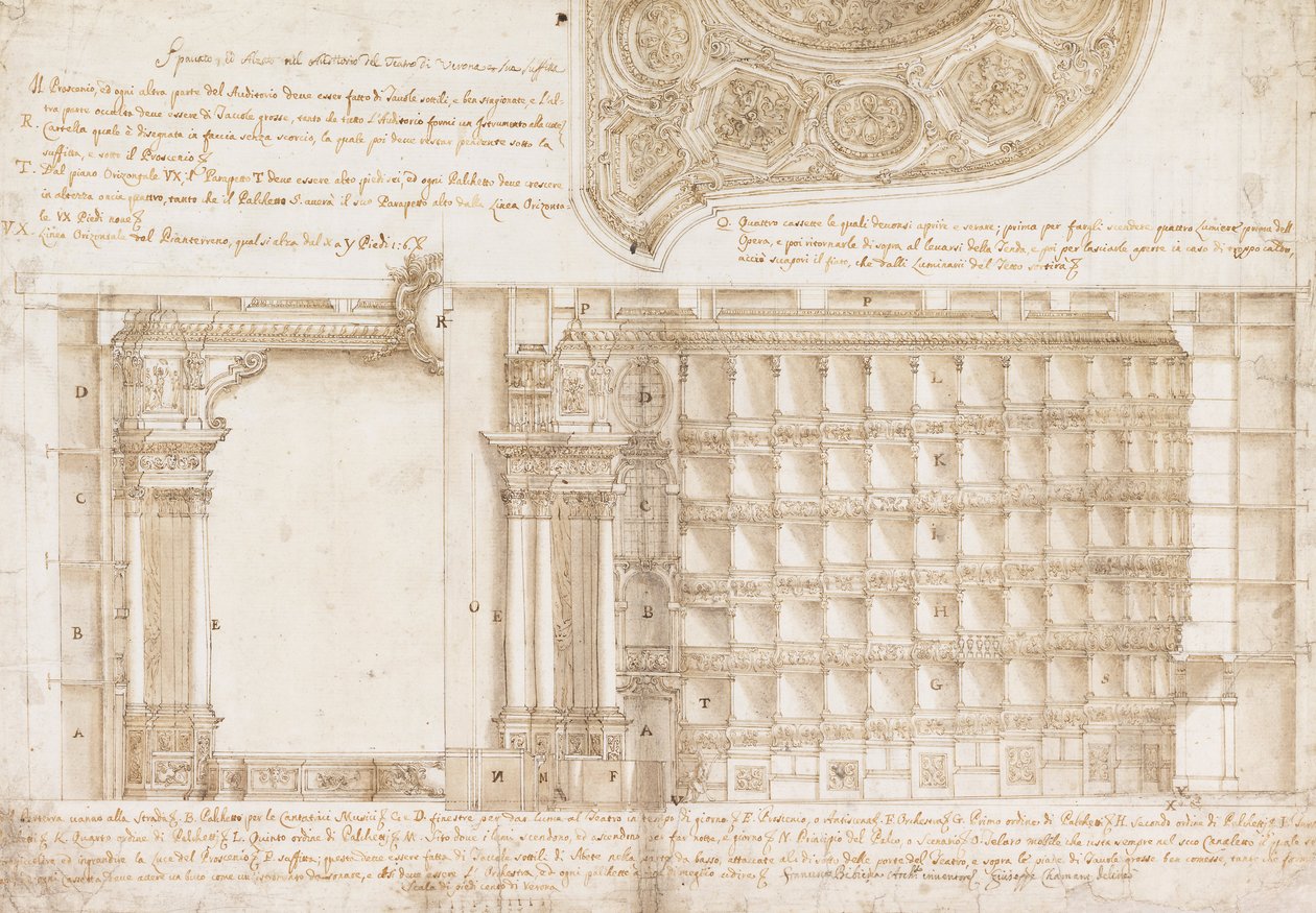 Teatro Filarmonico, Accademia Filarmonica, Verona, Italia - Sezione e Soffitto da Francesco Galli Bibiena