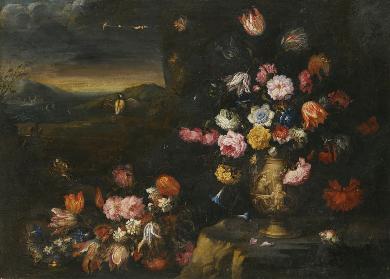 Natura morta con vaso di fiori in un paesaggio costiero da Francesco Mantovano