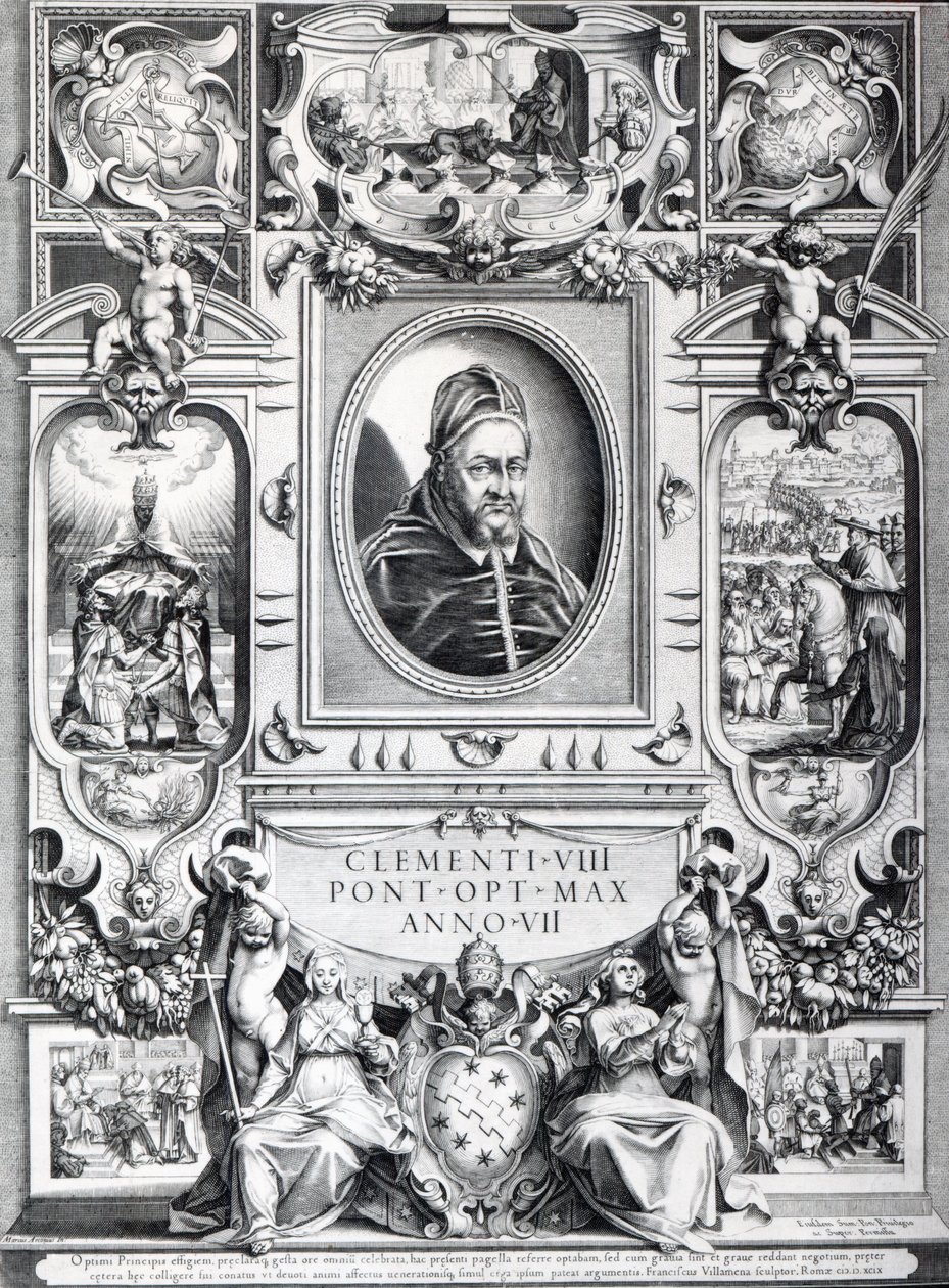 Papa Clemente VIII, circondato da scene della sua vita da Francesco Villamena