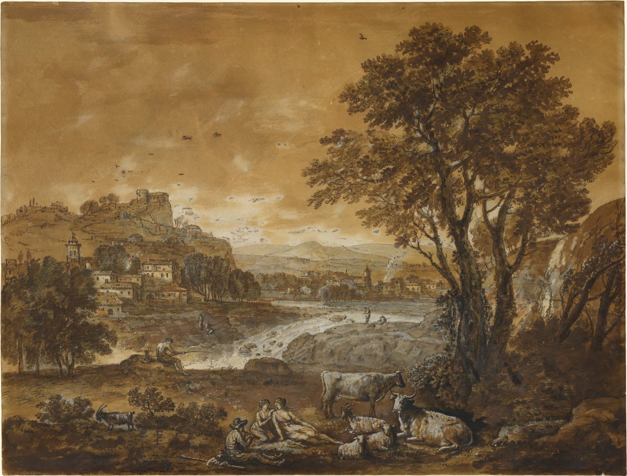 Paesaggio con pastori che riposano sotto un albero vicino a una cascata da Francesco Zuccarelli