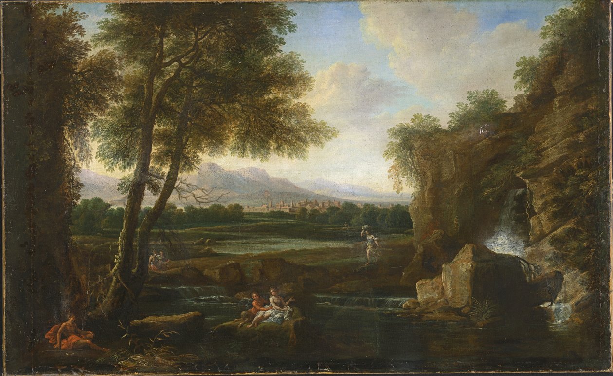 Paesaggio classico con piccola cascata e villaggio da Francesco Zuccarelli