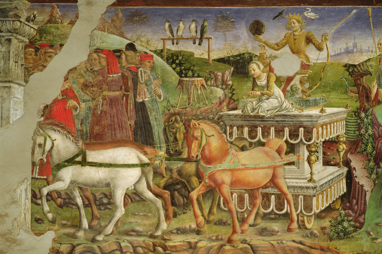 Allegoria di maggio: il carro di Apollo trainato da cavalli e guidato da Aurora, dettaglio da Trionfo di Apollo, 1469-70 da Francesco del Cossa