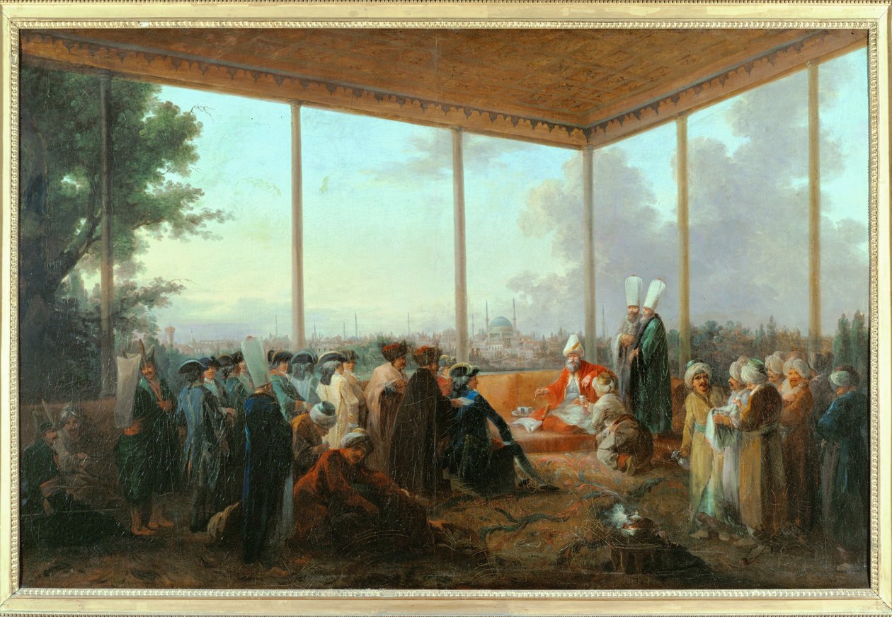 Udienza concessa al conte di Saint-Priest dal Gran Visir Aimali Carac, 18 marzo ... (dipinto su tela) da Francesco (after) Casanova