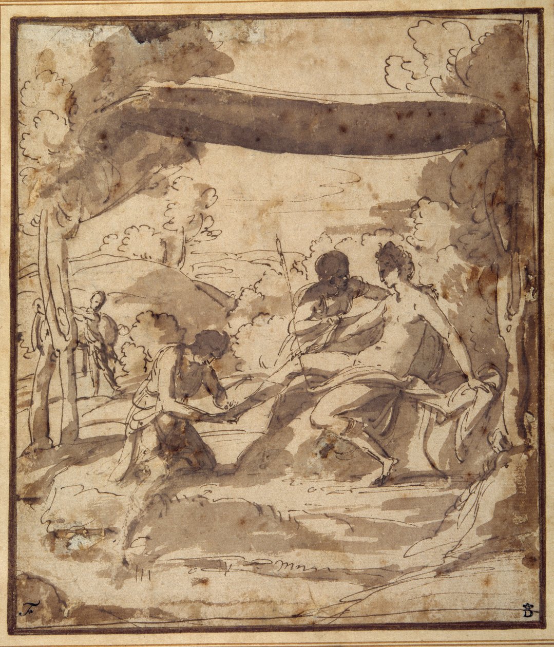 Venere, sdraiata sotto un baldacchino rustico, con Adone che le allaccia il sandalo da Francesco Albani