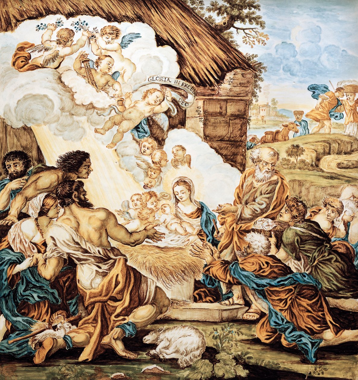 Presepe, piatto in maiolica dipinta, di Francesco Antonio Xaverio Grue, manifattura di Castelli d