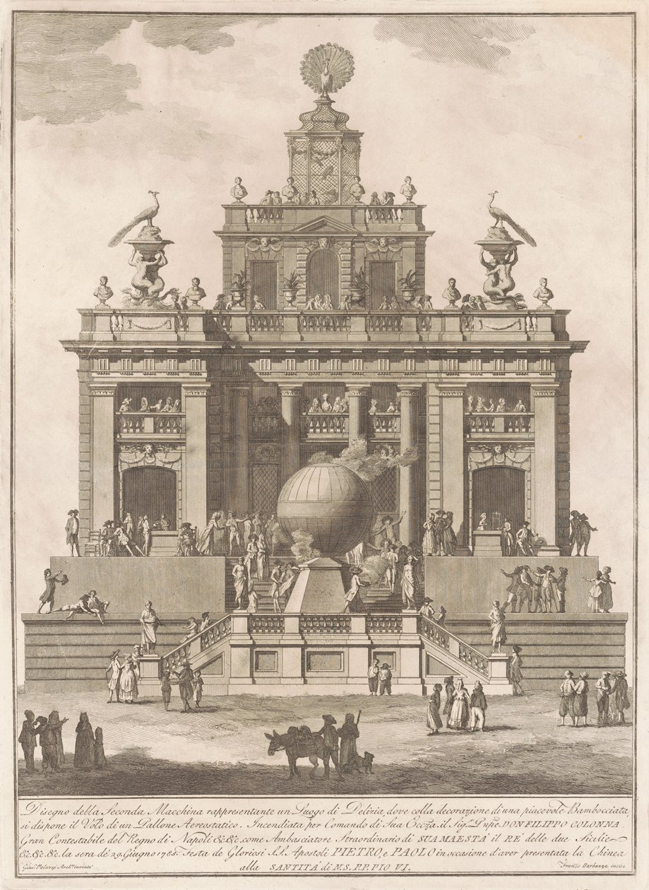 La Seconda Macchina per la Chinea del 1785: Un Palazzo del Piacere con un Pallone Aerostatico, 1785 da Francesco Barbazza