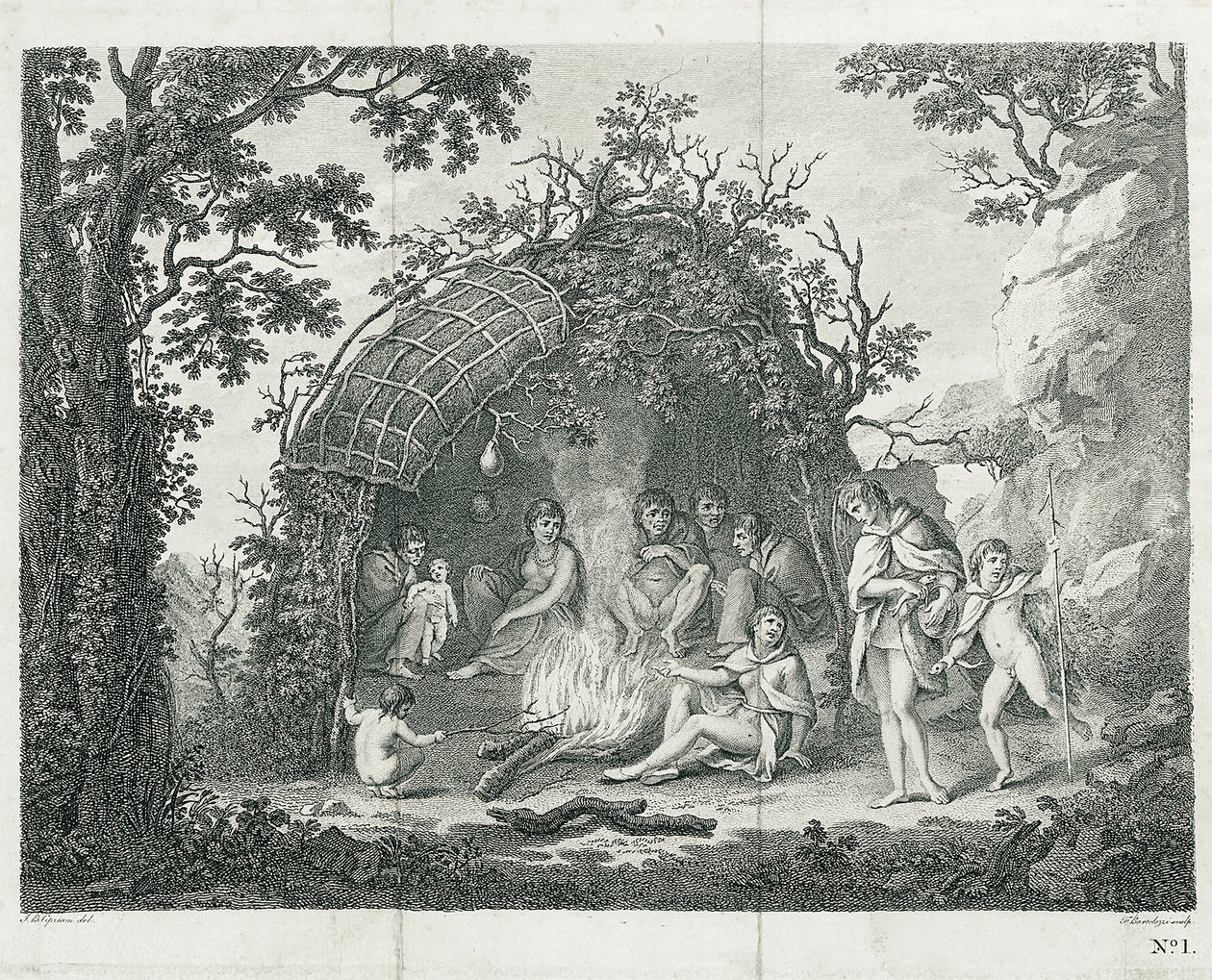 Una vista degli indiani della Terra del Fuoco nella loro capanna da Francesco Bartolozzi