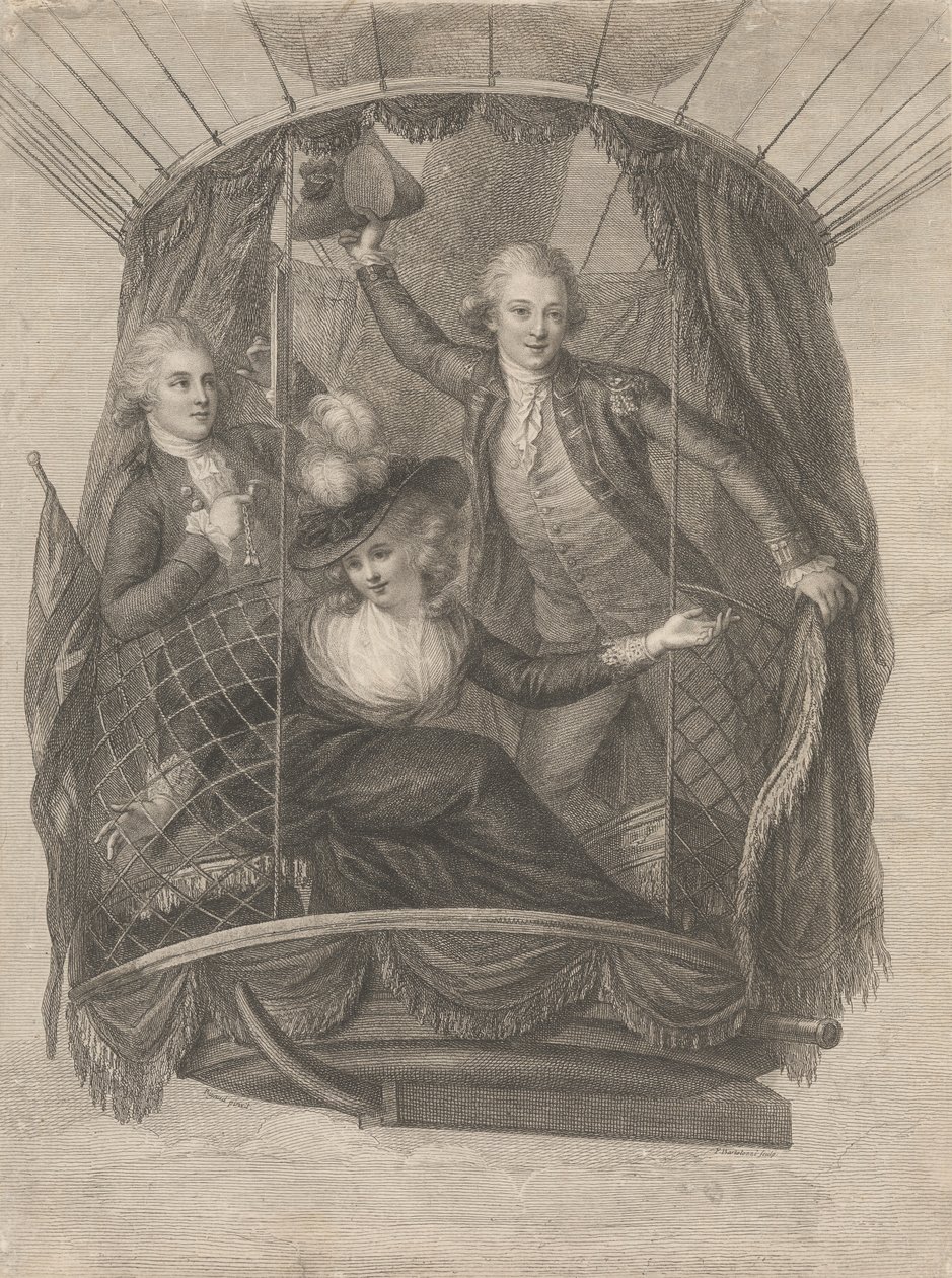Ascensione di Madame Sage, Cavaliere Biggin e Capitano Vincent Lunardi in una Mongolfiera, 20 Giugno 1785 da Francesco Bartolozzi