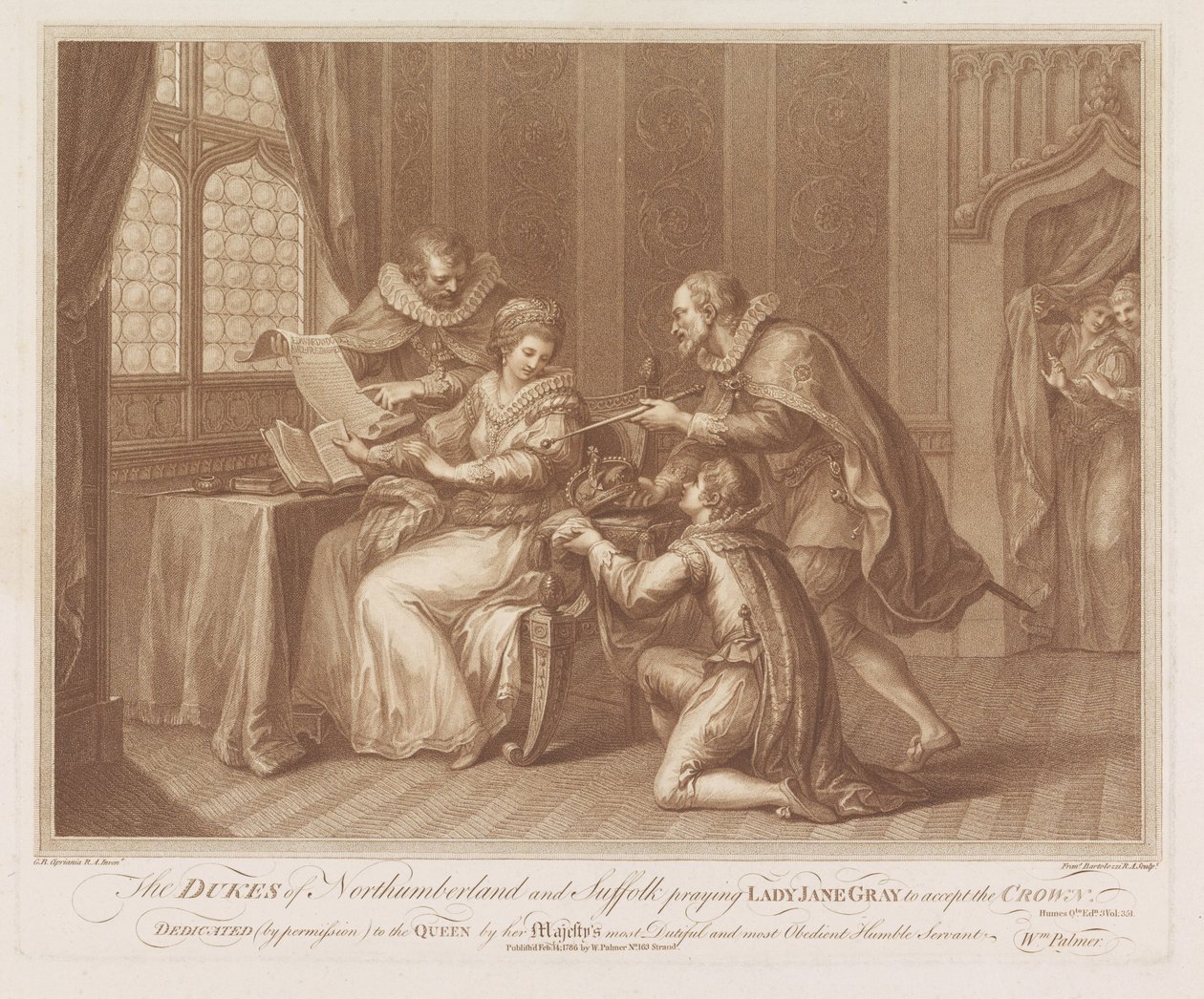 I duchi di Northumberland e Suffolk chiedono a Lady Jane Grey di accettare la corona da Francesco Bartolozzi
