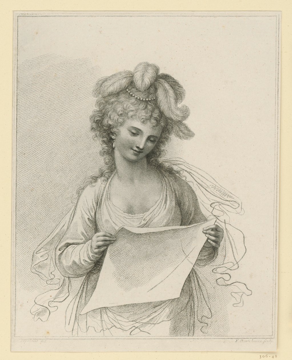 Donna intenta a leggere con un cappello di piume da Francesco Bartolozzi