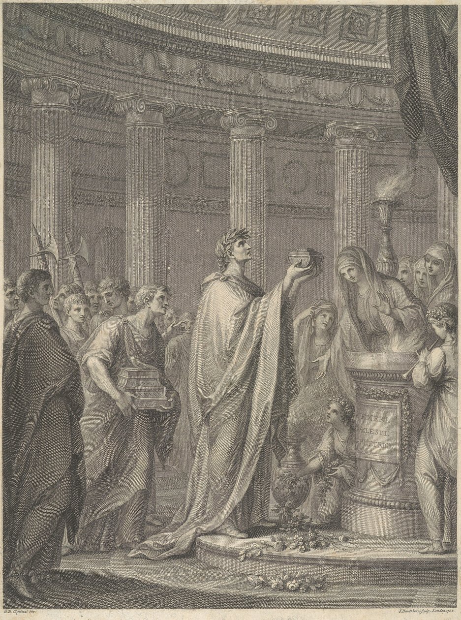 Il generale romano Giulio Cesare dedica il tempio di Venere Genitrice nel Foro di Cesare, Roma, 46 a.C. da Francesco Bartolozzi