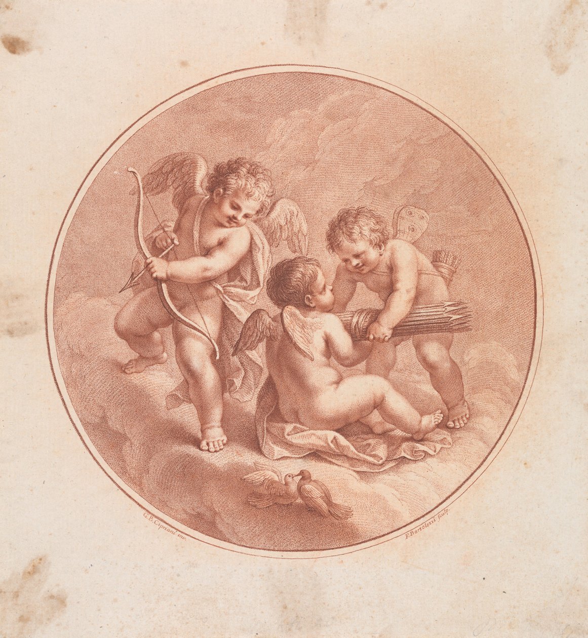 Drei Cupidos mit Bögen und Pfeilen und zwei Tauben da Francesco Bartolozzi