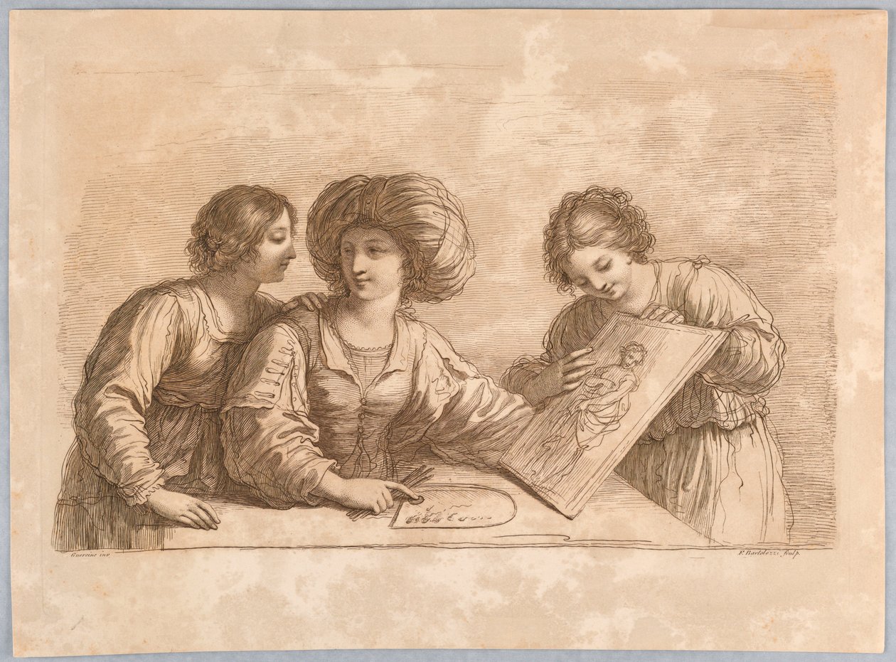 Tre donne con una tavolozza e schizzo di un disegno da Francesco Bartolozzi