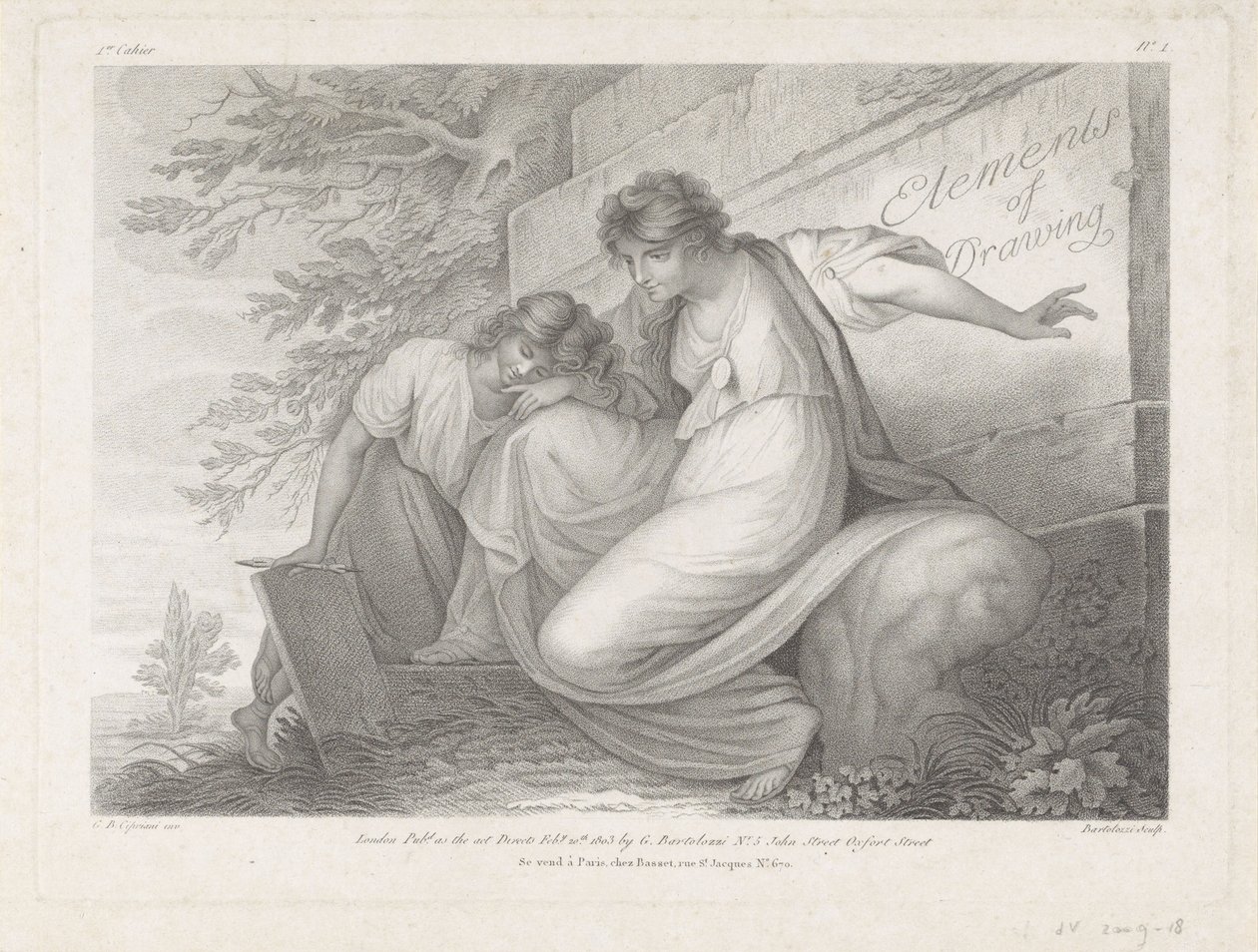 Frontespizio con due figure con un disegno in un paesaggio da Francesco Bartolozzi