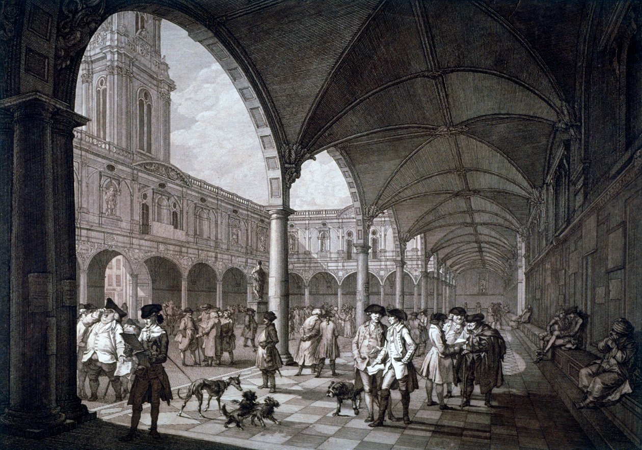 Vista del cortile nella Royal Exchange con mercanti e broker, City of London, 1788 da Francesco Bartolozzi