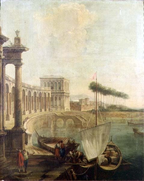 Un capriccio, porto con figure che caricano un traghetto da Francesco Battaglioli