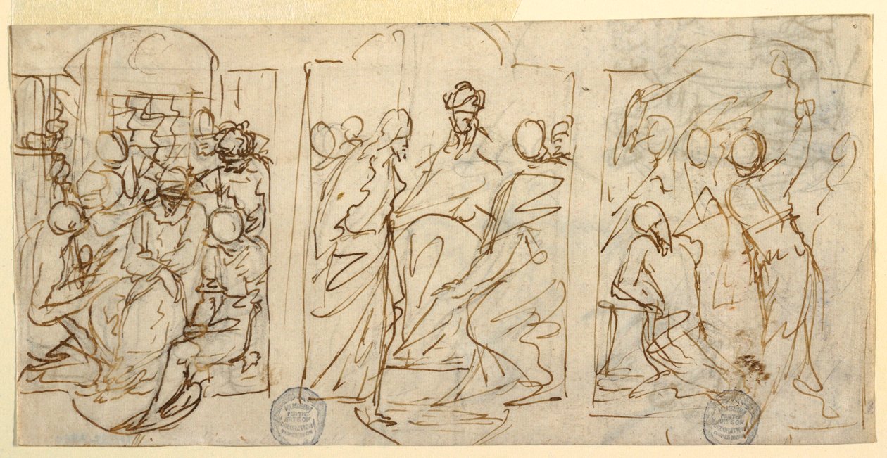 Disegno, Tre fasi della Passione: Lo scherno, Cristo davanti a Pilato, Flagellazione, 1848 ca. da Francesco Coghetti