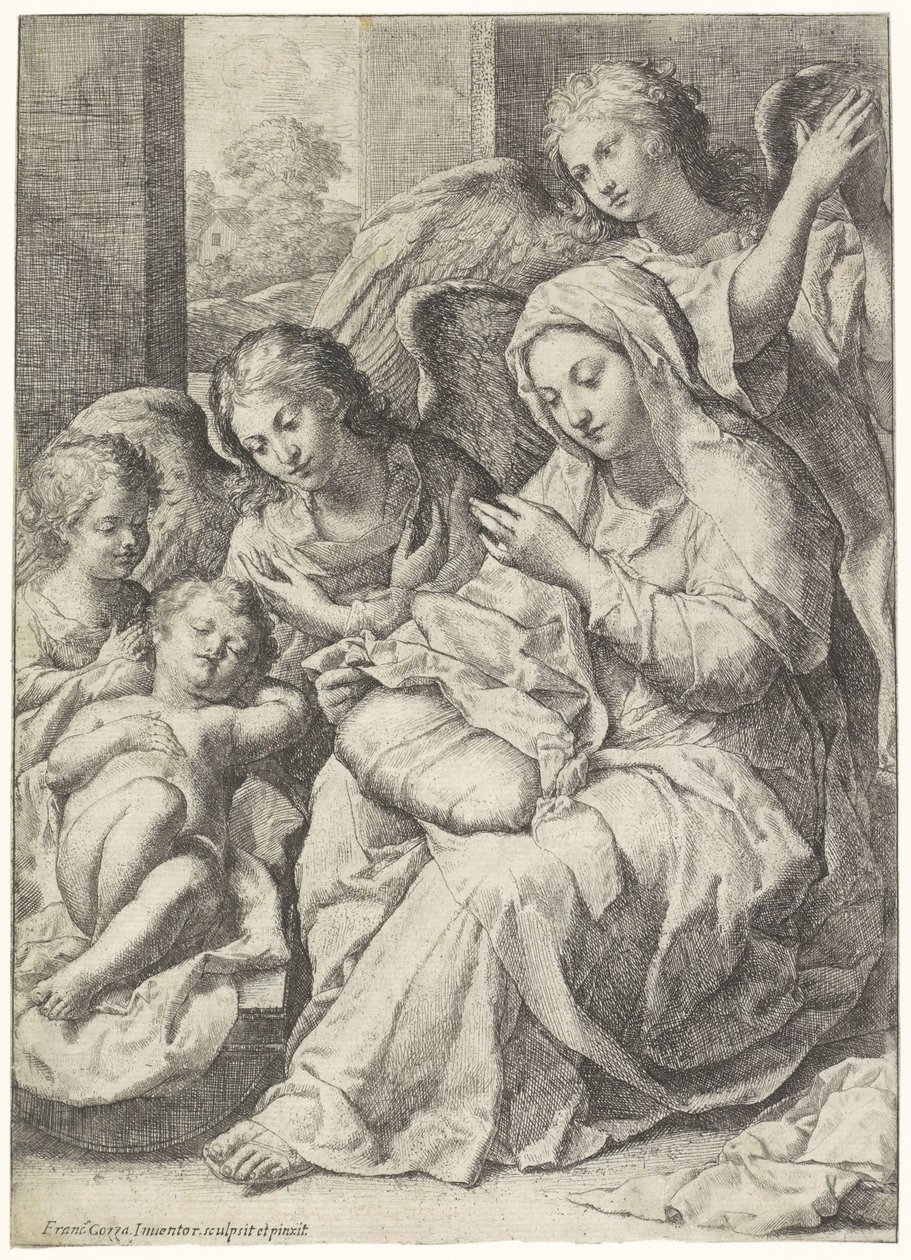 Maria e il Bambino Gesù dormiente circondati da angeli da Francesco Cozza