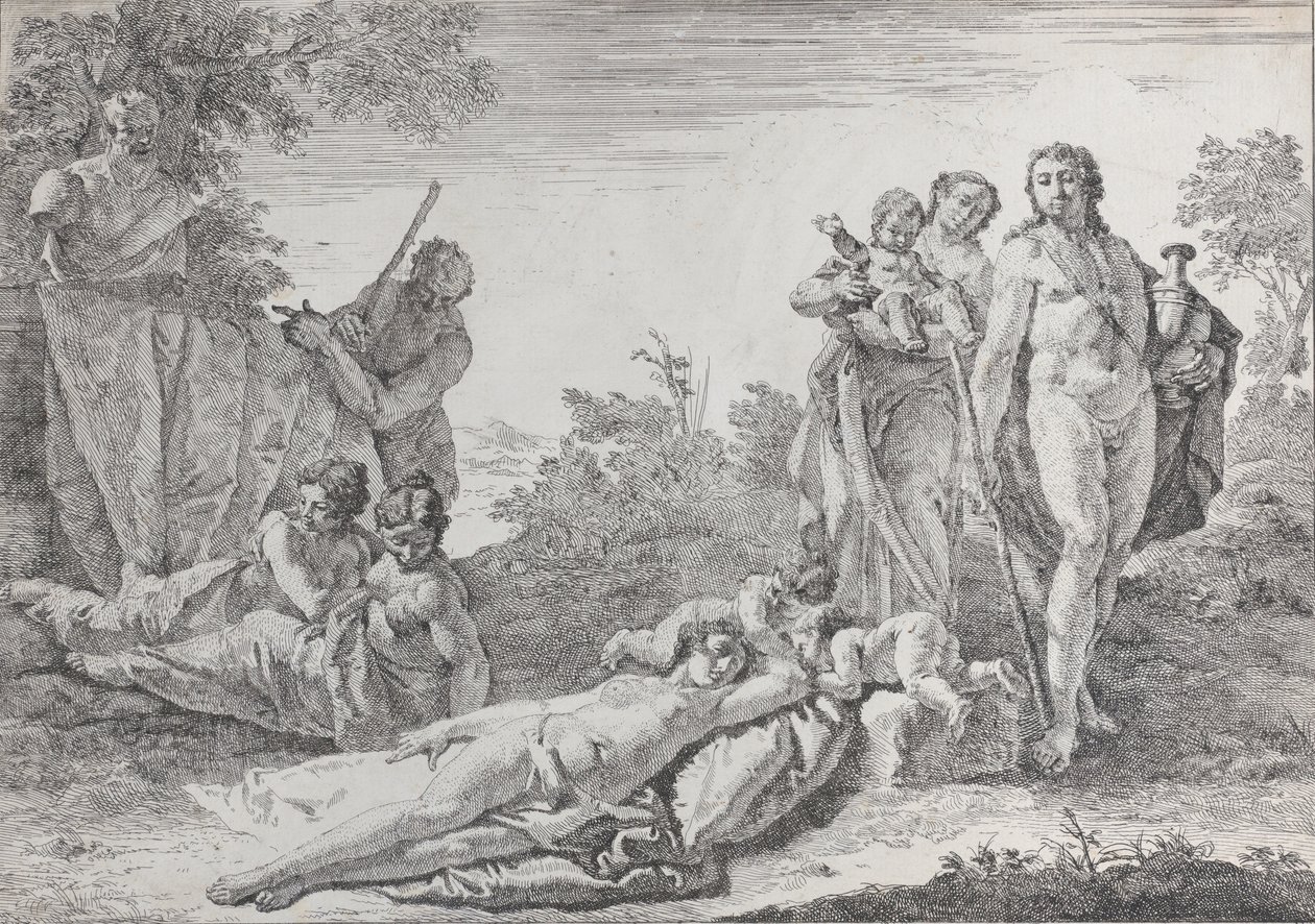 Nove figure vicino a un Erma di Pan, da Baccanali e Storie, 1744 da Francesco Fontebasso