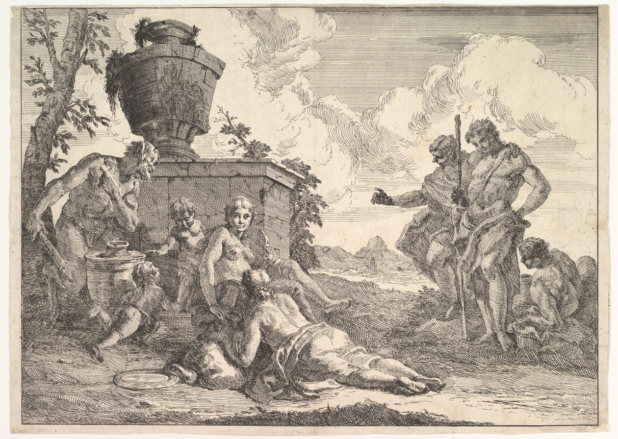 Satiro con clava e sette figure, da Baccanali e storie, 1744 da Francesco Fontebasso