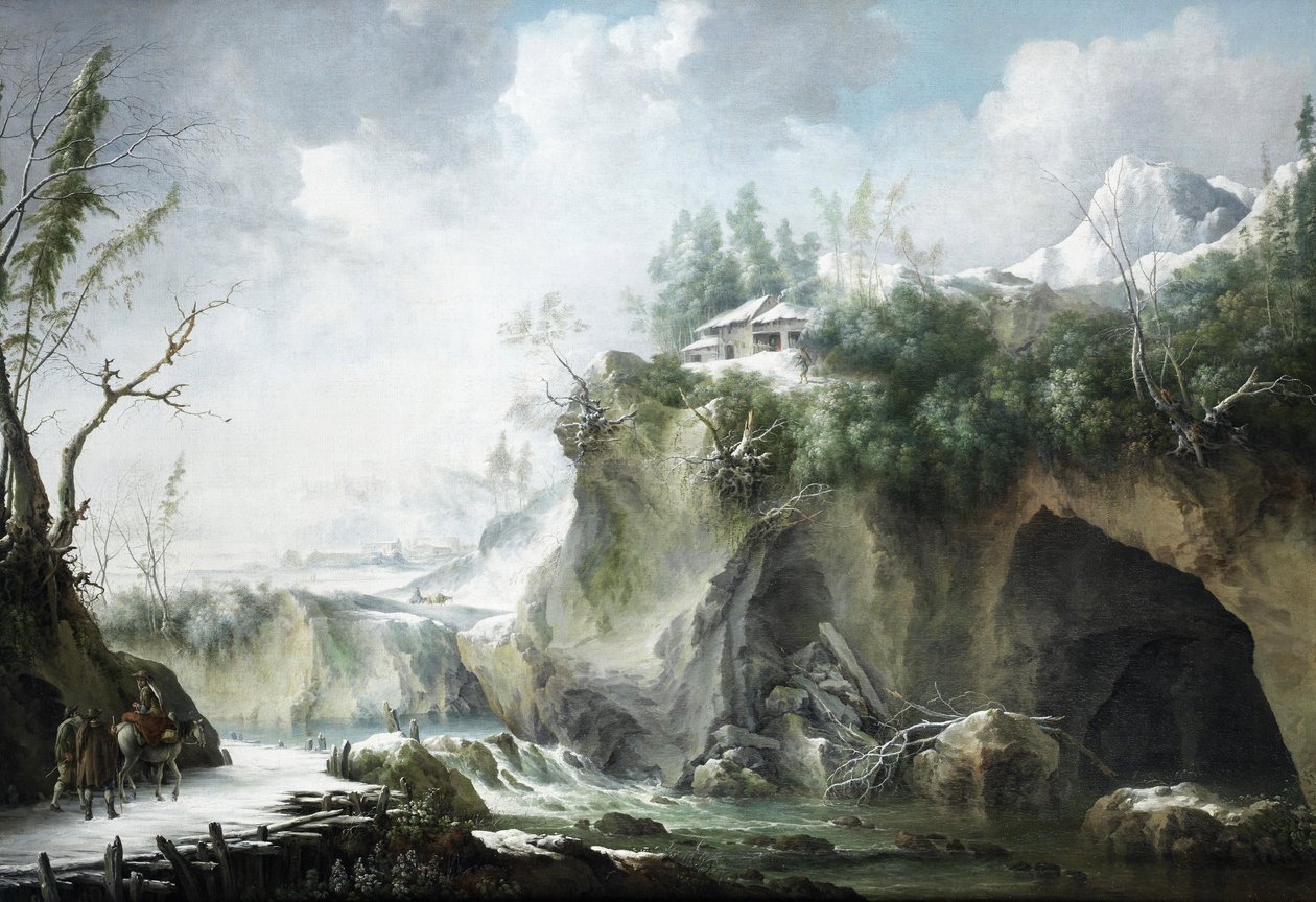 Un paesaggio fluviale in inverno, con viaggiatori su un sentiero innevato da Francesco Foschi