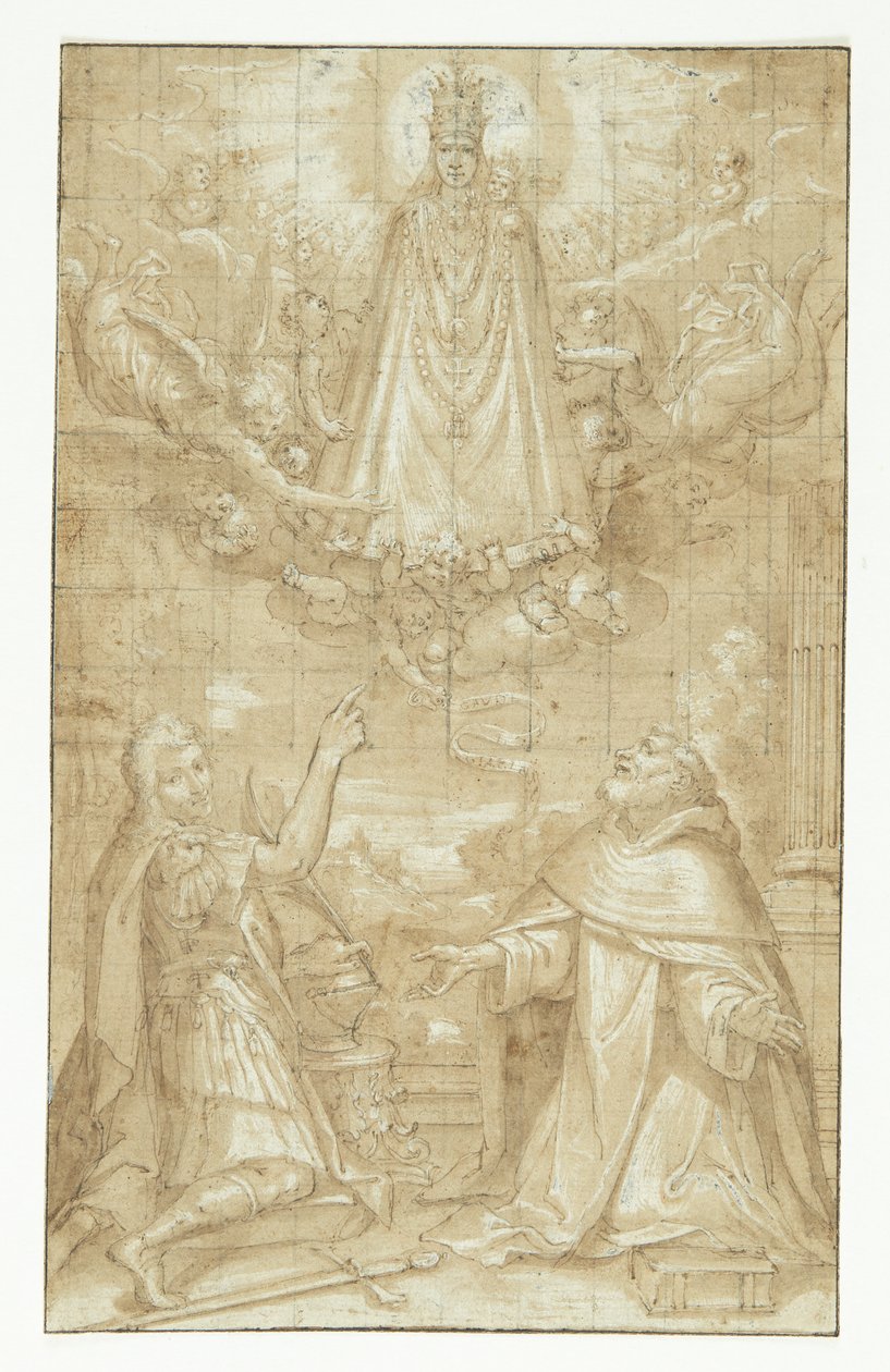 Una Madonna incoronata con il bambino, avvolta in un mantello e pesanti catene, appare tra le nuvole, circondata da angeli e cherubini, a due santi inginocchiati; uno è un soldato martire, l