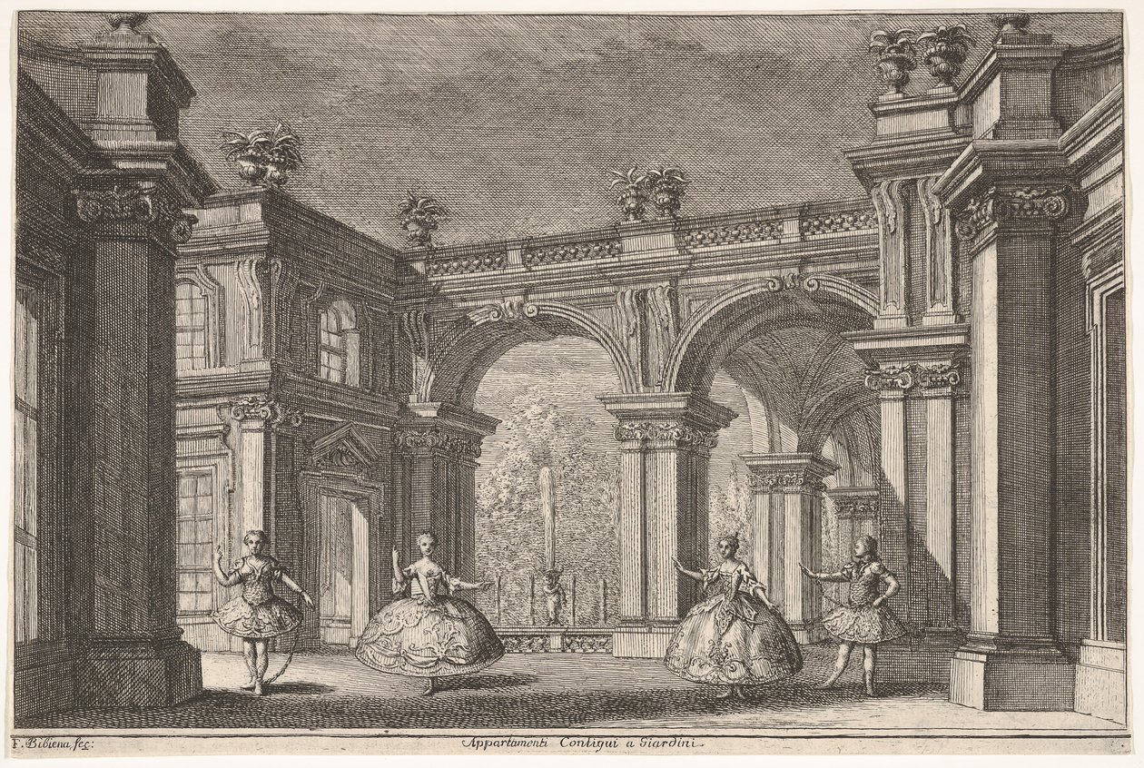 Due signore e due gentiluomini che ballano in un ambiente architettonico ornato, una fontana..., 1765 da Francesco Galli Bibiena