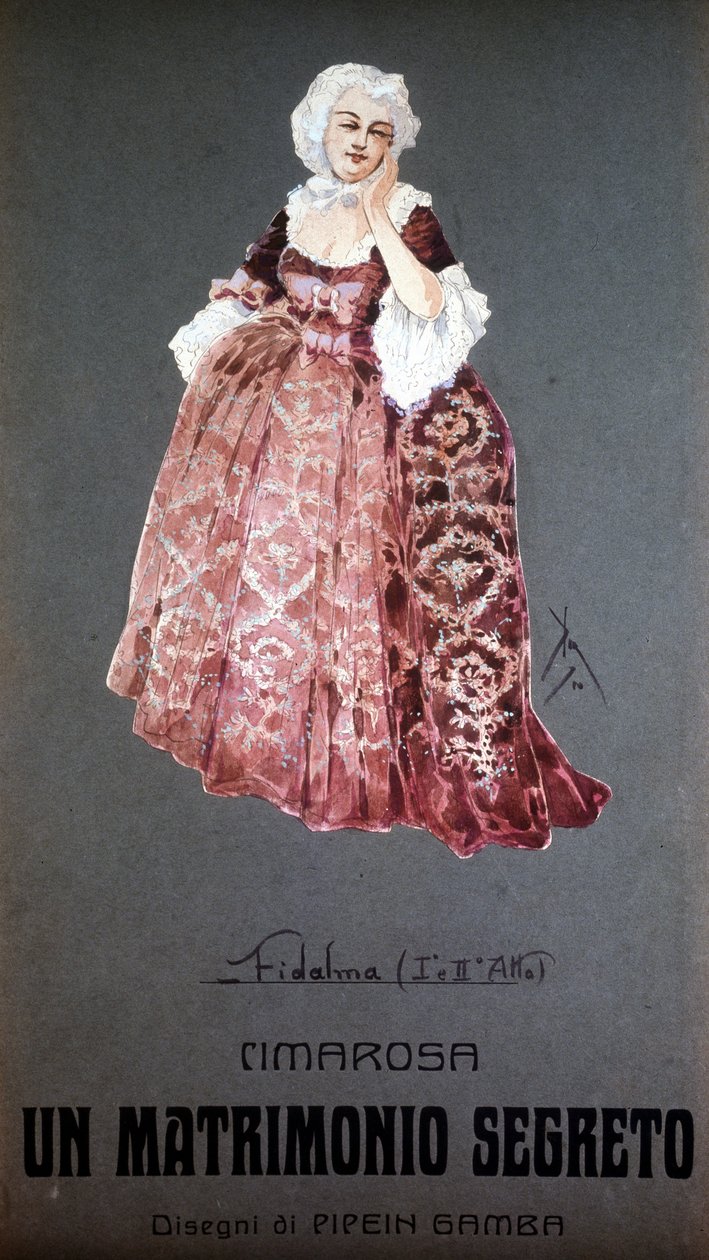 Personaggio "Fidalma" in "Il matrimonio segreto" di Domenico Cimarosa (1749 - 1801). Costume di F. Gamba - Scala di Milano da Francesco Gamba