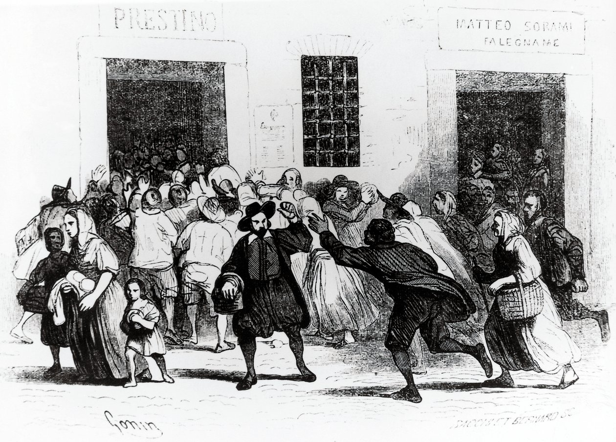 Il saccheggio del Forno delle grucce, episodio dai Promessi Sposi, di Alessandro Manzoni, illustrazione di Francesco Gonin, edizione del 1840 da Francesco Gonin