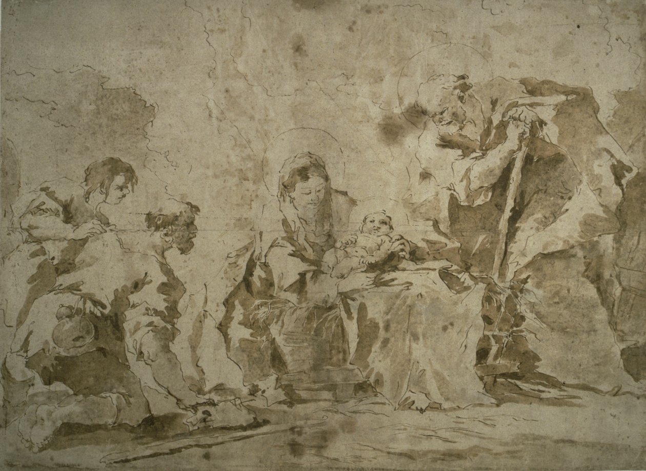 Adorazione dei pastori (recto); tre schizzi: Edifici lungo il canale con imbarcazioni, Paesaggio con edifici in collina, Edifici con portico (verso) da Francesco Guardi