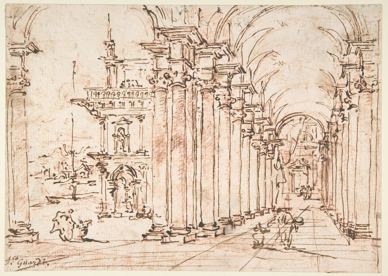 Capriccio architettonico: colonnato a volta di un palazzo da Francesco Guardi