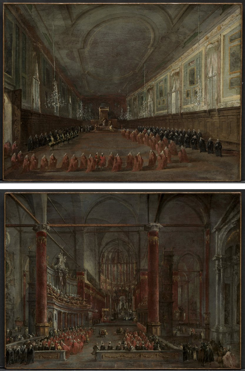 Papa Pio VI che Scende dal Trono per Salutare il Doge nella Sala dei SS. Giovanni e Paolo, 1782 e Cerimonia Pontificia nei SS. Giovanni e Paolo, Venezia, 1782 (coppia) da Francesco Guardi