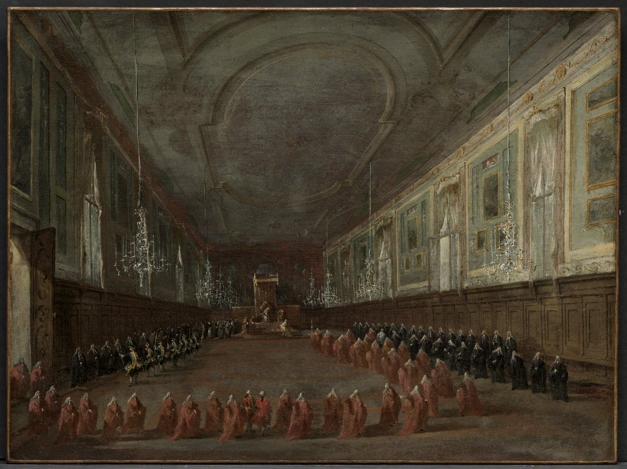 Papa Pio VI che scende dal trono per congedarsi dal Doge nella Sala dei SS. Giovanni e Paolo, 1782 da Francesco Guardi