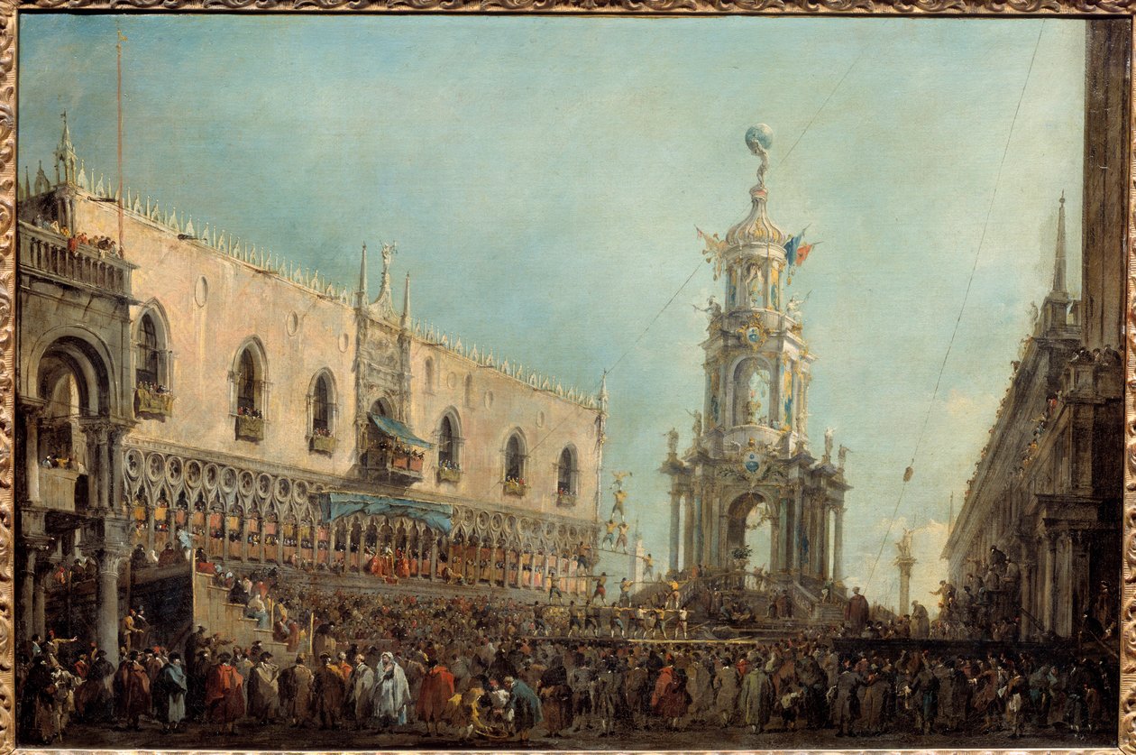 Il Doge di Venezia assiste alle celebrazioni del Giovedì Grasso sulla Piazzetta di San Marco da Francesco Guardi