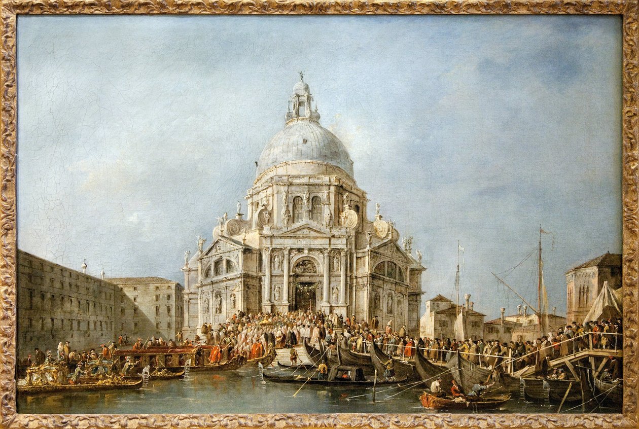 Il Doge di Venezia va alla Salute di Venezia, Ogni anno il 21 novembre il Doge andava alla Basilica di Santa Maria della Salute, edificata in ringraziamento per la fine della peste del 1630, per ringraziare la Vergine per questa liberazione, un ponte di ba da Francesco Guardi