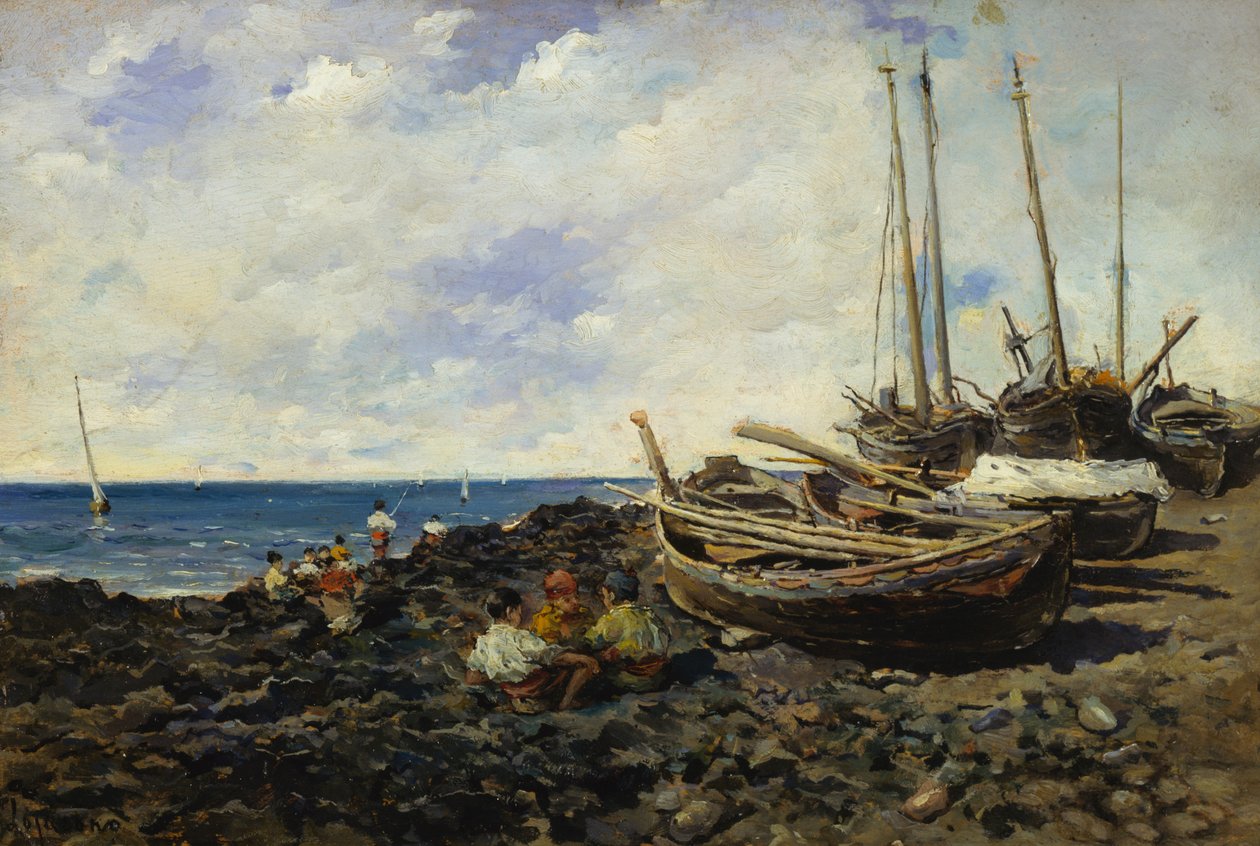 Pescatori con barche sulla riva da Francesco Lojacono