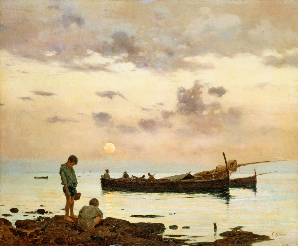 Marina con barca da pesca e ragazzi, di Francesco Lojacono da Francesco Lojacono