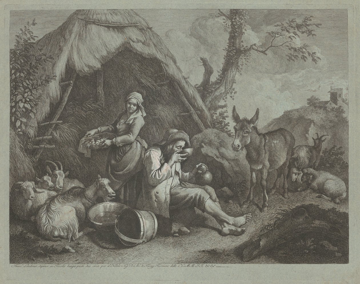 Vecchio uomo e donna seduti con un cesto di uova, 1759-1782 da Francesco Londonio