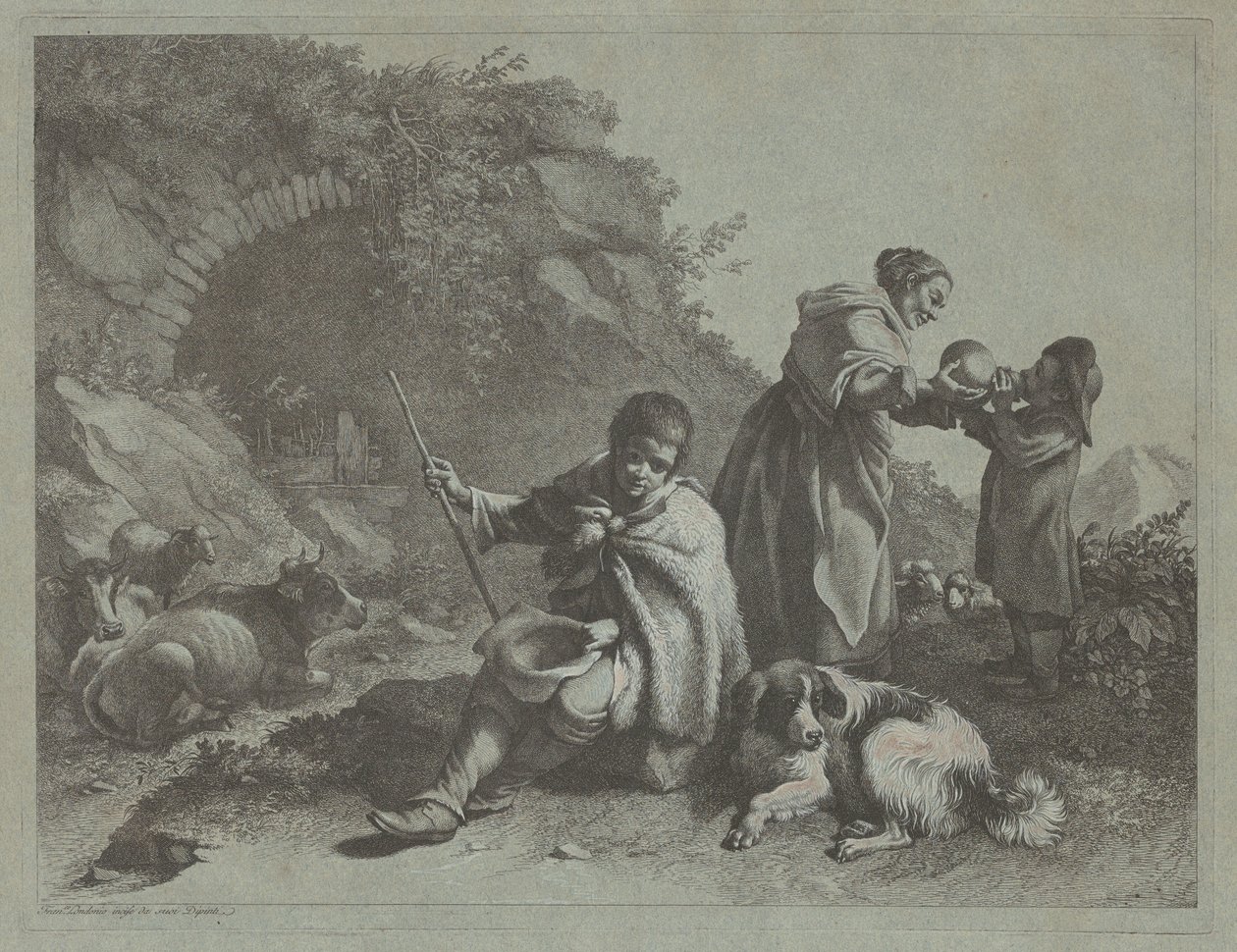 Pastore seduto e donna che dà da bere a un bambino, 1759-1782 da Francesco Londonio
