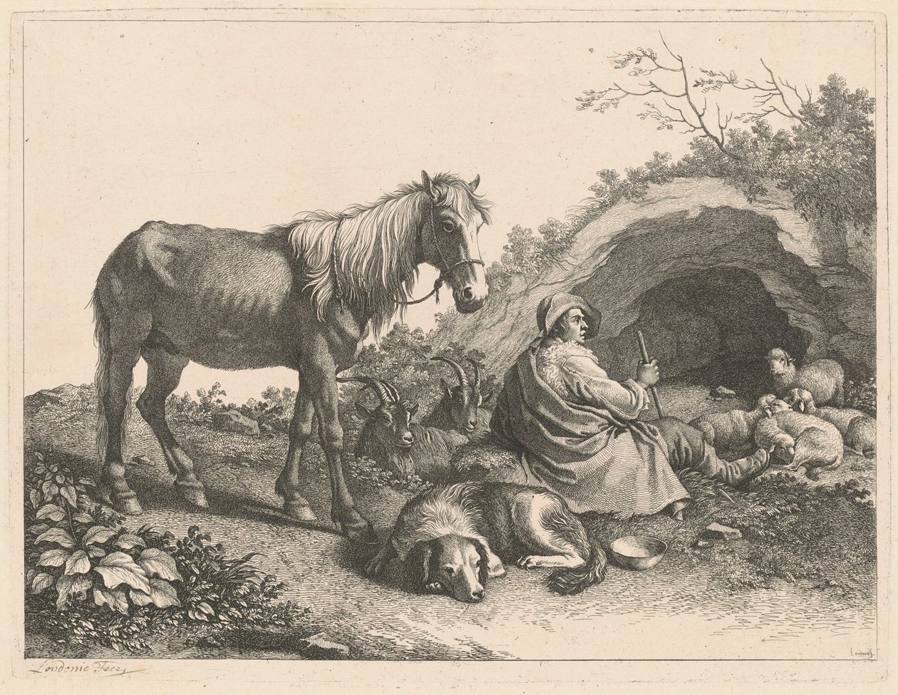 Pastore seduto con cavallo, cane, capre e pecore, dopo il 1776 da Francesco Londonio