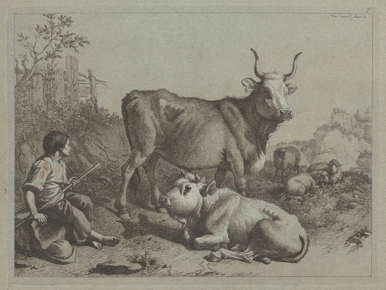 Pastore seduto con un toro e un bue, 1763 da Francesco Londonio
