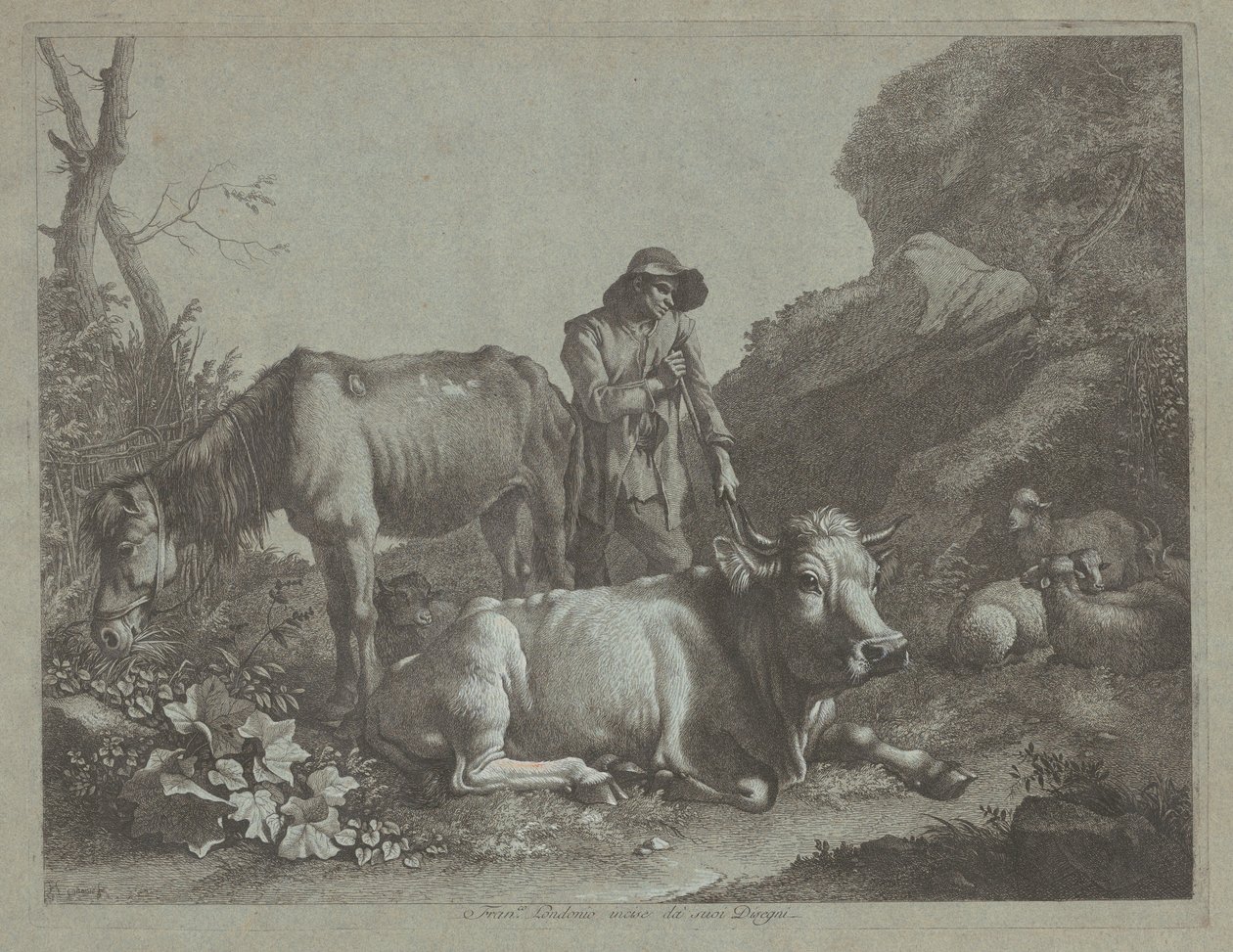 Pastore che riposa su un bastone da passeggio con un vecchio cavallo e un toro sdraiato, dopo il 1767 da Francesco Londonio