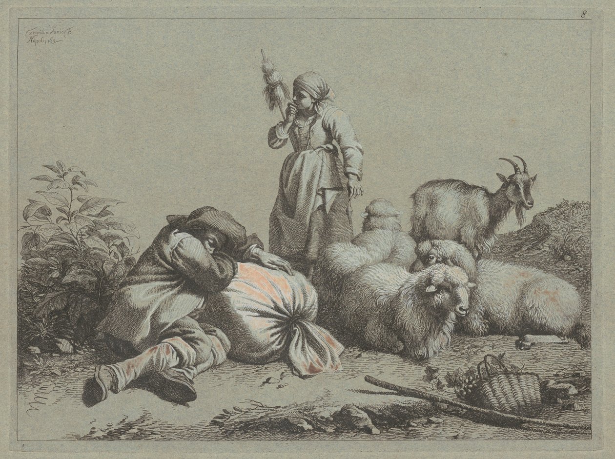 Contadino dormiente e filatrice in piedi, 1763 da Francesco Londonio