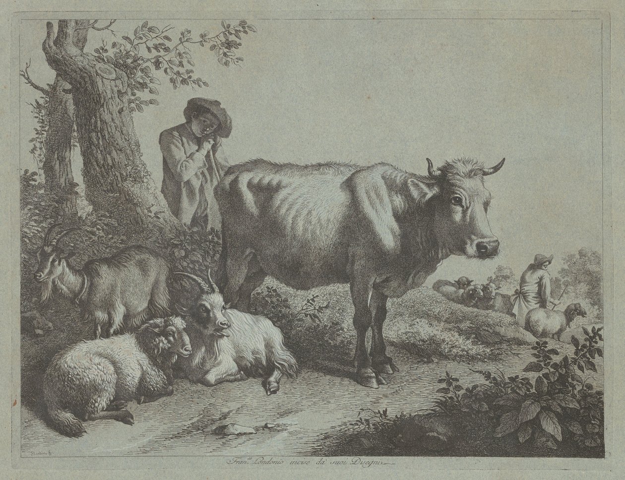 Mucca in piedi e un pastore con gregge da Francesco Londonio